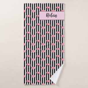 Modern Monogram Pink Elephants Pattern Strips Bath Towel