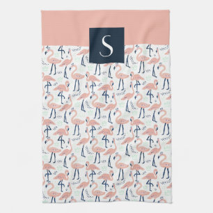Modern Monogram pink Flamingo Pattern Tea Towel