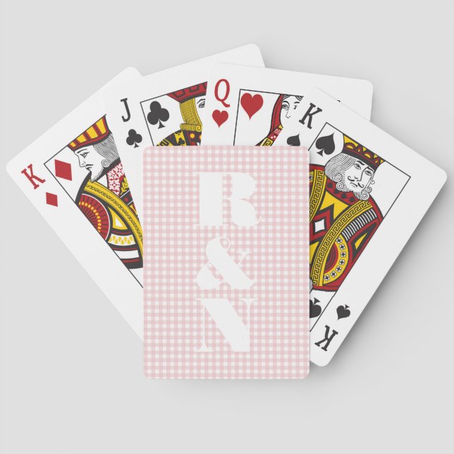 Modern Monogram Pink Gingham Custom Wedding Favor Playing Cards (Back)