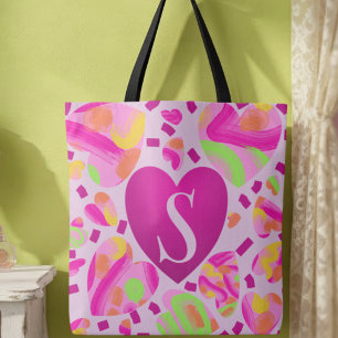 Modern Monogram Pink Heart Painted School Tote Bag