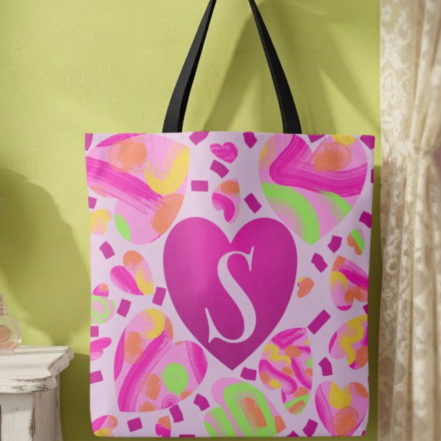 Modern Monogram Pink Heart Painted School Tote Bag (Make your outings extra special with this graffiti filled hearts and your initial or gift it.)