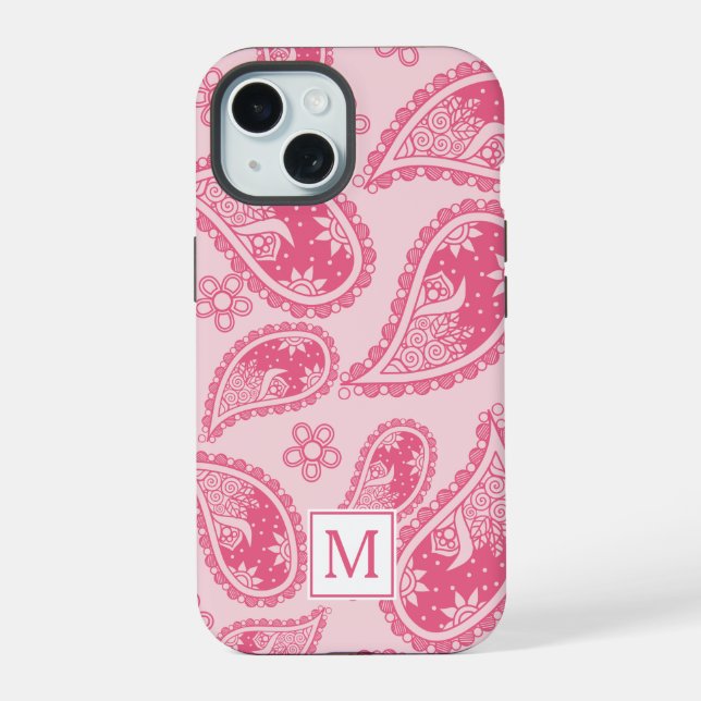 Modern Monogram Pink Paisley Retro Pattern iPhone 15 Case (Back)