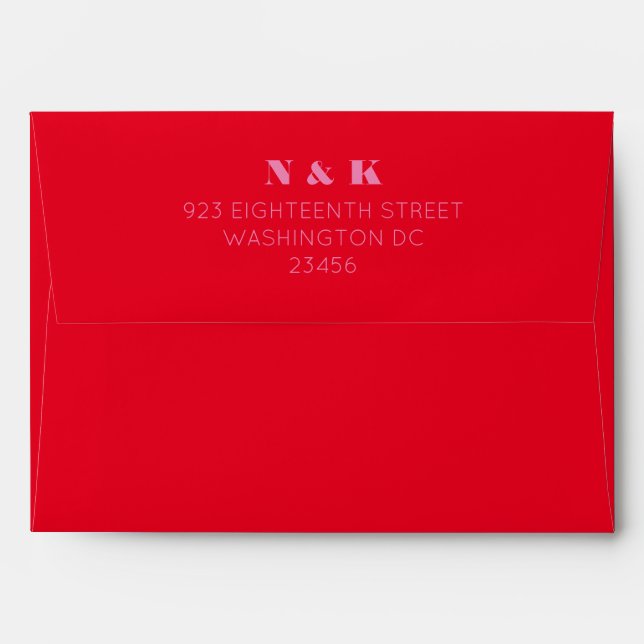 Modern Monogram Pink Red Wedding Return Address Envelope (Back (Top Flap))