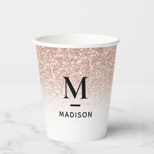 Modern Monogram Pink Rose Gold Glitter Ombre Name  Paper Cups (Front)