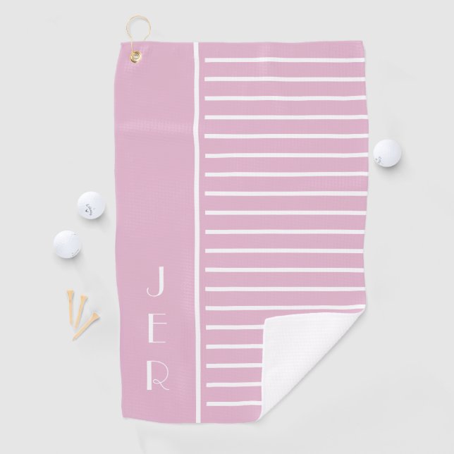 Modern Monogram Pink White Stripes Golfer  Golf Towel (InSitu)
