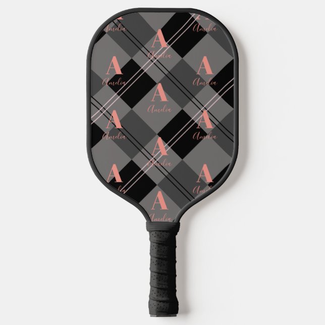Modern Monogram Plaid Grey Black Pink Pickleball Paddle (Front)