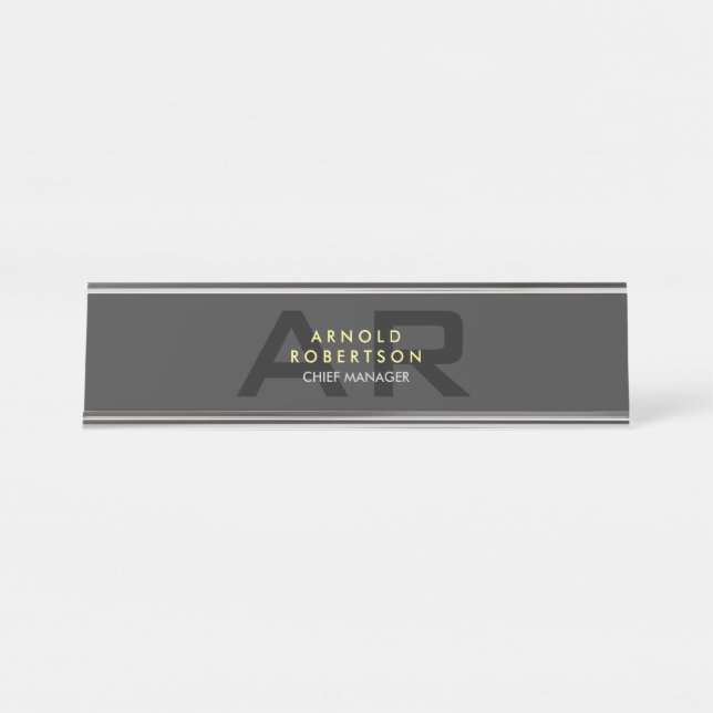 Modern Monogram Plain Grey Trendy Business Desk Name Plate (Front)