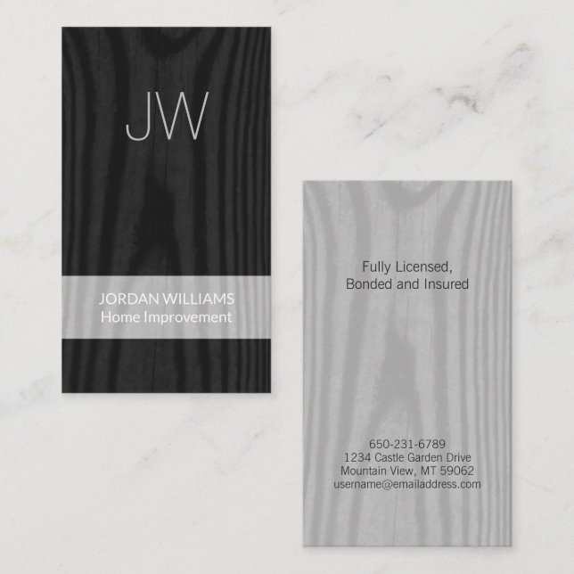 Modern Monogram Plain Wood Vertical Construction Business Card (Front/Back)