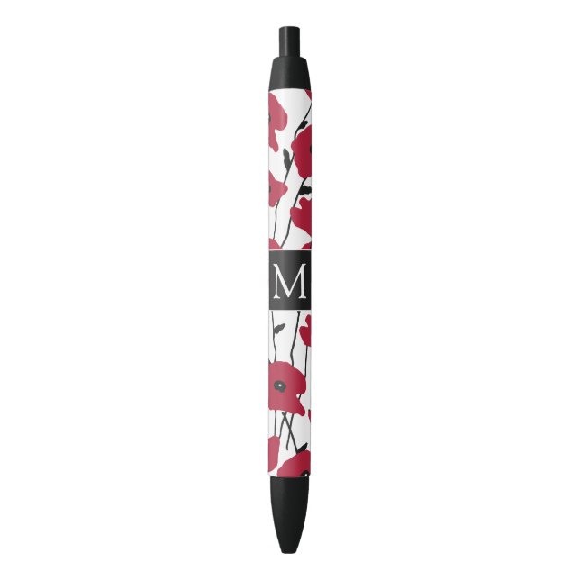 Modern Monogram Poppies Pattern Black Ink Pen (Front Vertical)