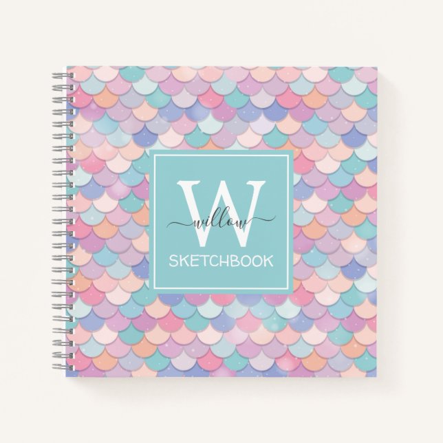Modern Monogram Pretty Mermaid Powder Blue Sketch Notebook (Front)