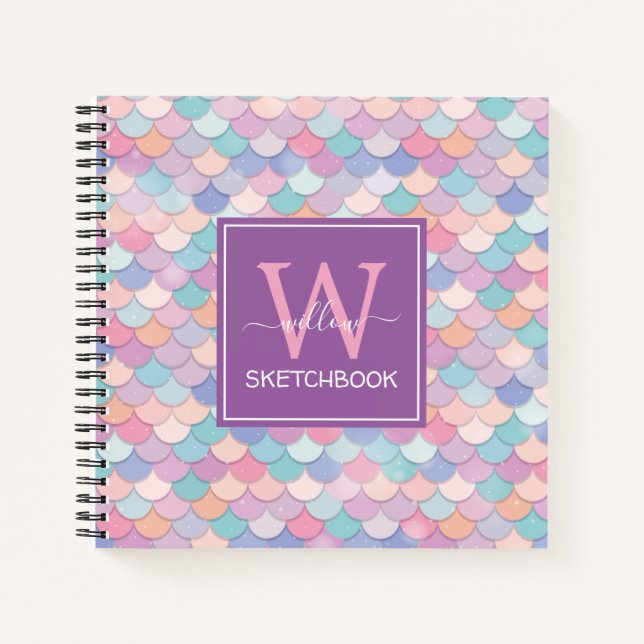 Modern Monogram Pretty Mermaid Purple Sketchbook Notebook (Front)