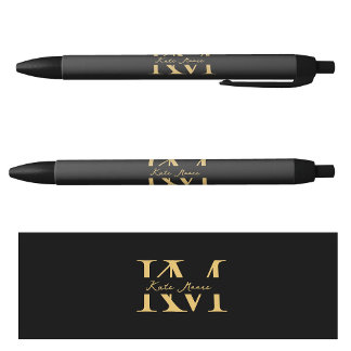 Modern Monogram Professional Black Gold Marketing Ink Pen