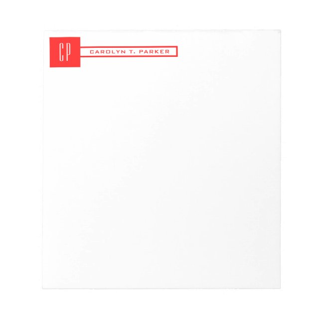 Modern Monogram Professional Plain Name Red White Notepad (Front)