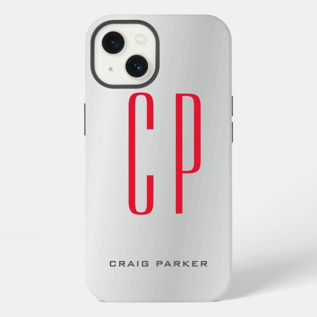 Modern Monogram Professional Plain Silver Grey Red iPhone Case (Back)