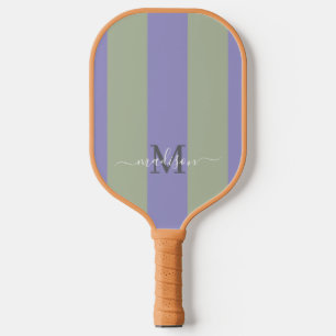 Modern Monogram Purple   Sage Green Retro Stripe Pickleball Paddle