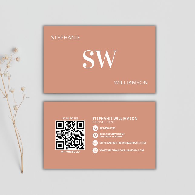 Modern Monogram QR Code Minimal Terracotta Business Card (Creator Uploaded)