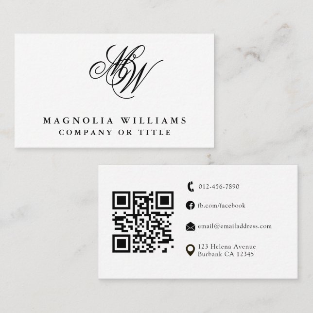 Modern Monogram QR Code Minimalist Business Card (Front/Back)