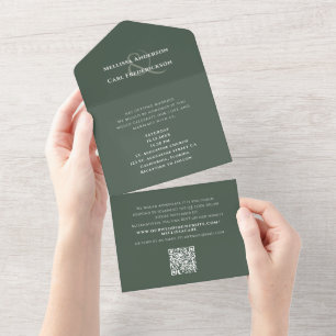 Modern Monogram QR Code Wedding RSVP Moss Green All In One Invitation