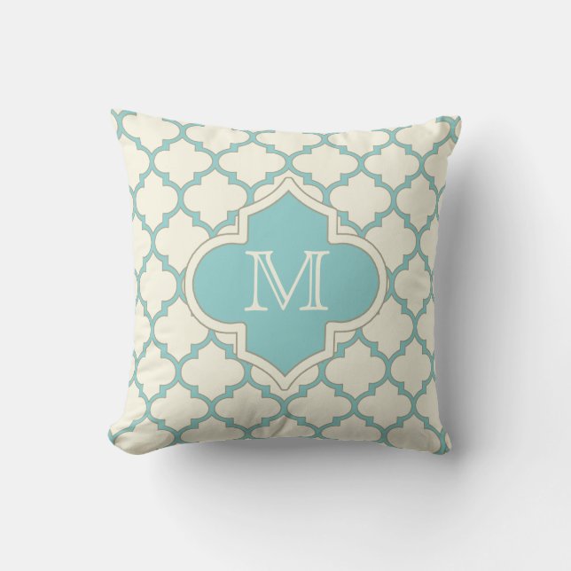 Modern Monogram Quatrefoil Pattern Ivory Turquoise Cushion (Front)