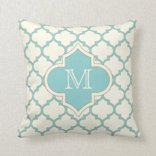 Modern Monogram Quatrefoil Pattern Ivory Turquoise Cushion