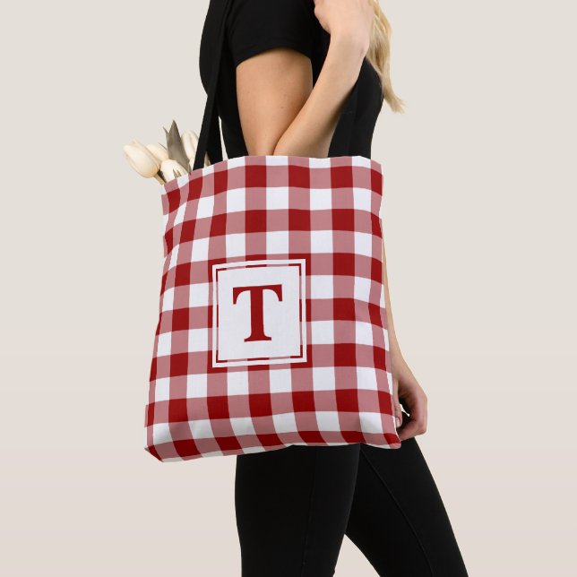 Modern Monogram Red and White Gingham Pattern Tote Bag (Close Up)