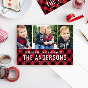 Modern Monogram Red Buffalo Plaid Photo Collage Holiday Card