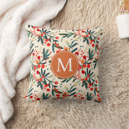 Modern Monogram Red Christmas Holly Berries Cushion