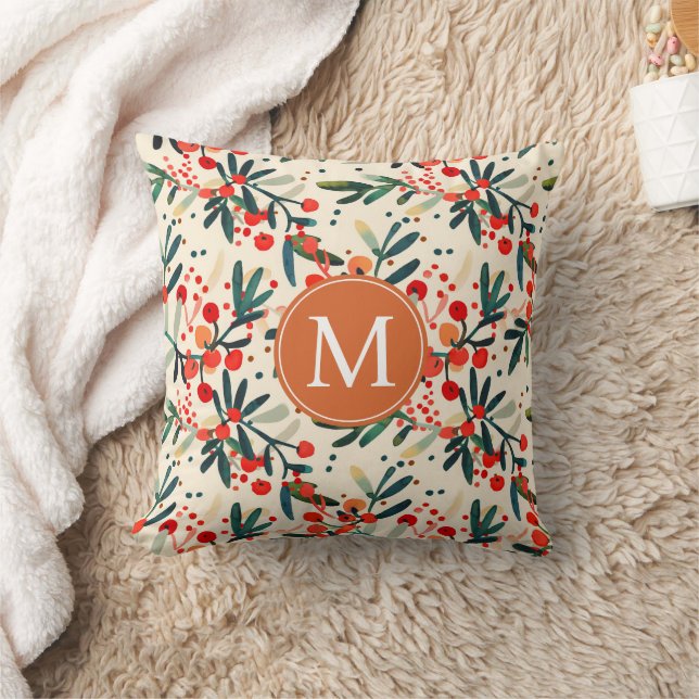 Modern Monogram Red Christmas Holly Berries Cushion (Blanket)