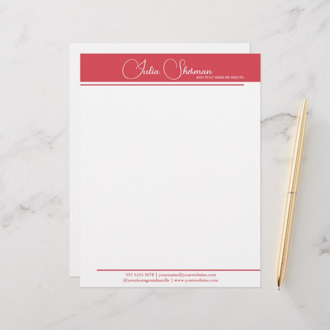 Modern Monogram Red Feminine Minimalist Script Custom Letterhead (Front/Back In Situ)