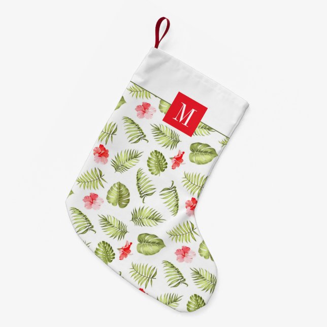 Modern Monogram Red Green Botanical Palm Leaves Small Christmas Stocking (Front (Hanging))