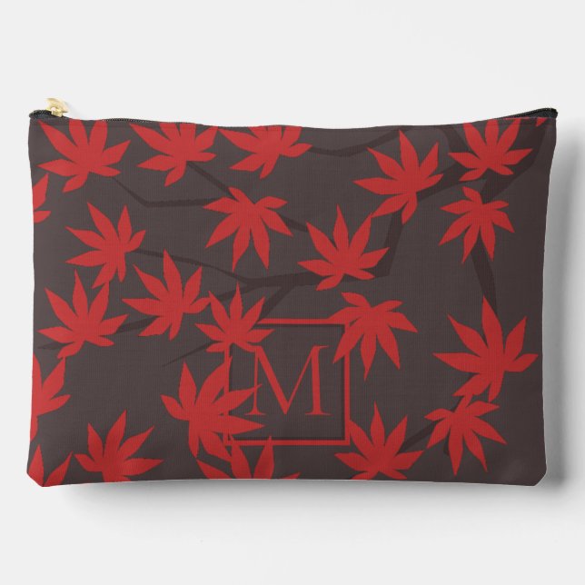 Modern Monogram Red Maple Leaf Grey Accessory Pouch (Front)