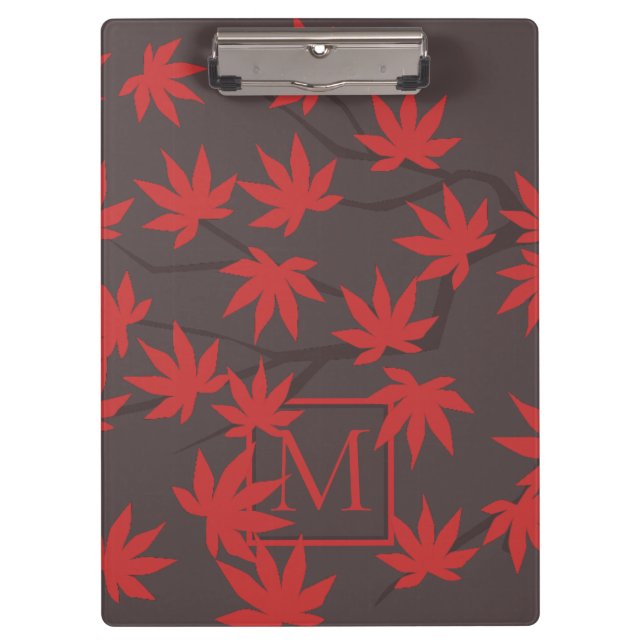 Modern Monogram Red Maple Leaf Grey Clipboard (Front)