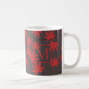 Modern Monogram Red Maple Leaf Grey Coffee Mug