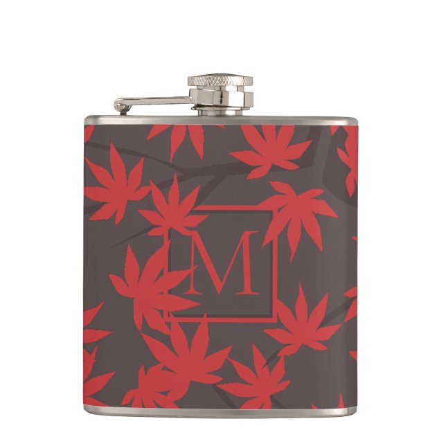 Modern Monogram Red Maple Leaf Grey Hip Flask (Front)