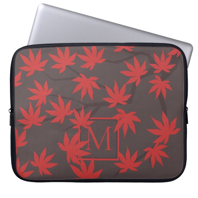 Modern Monogram Red Maple Leaf Grey Laptop Sleeve (Front)