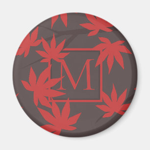 Modern Monogram Red Maple Leaf Grey Magnet