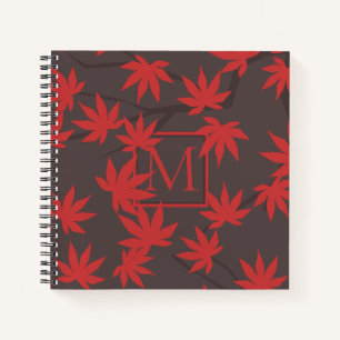 Modern Monogram Red Maple Leaf Grey Notebook