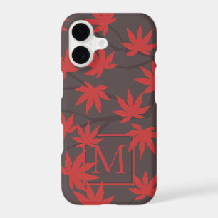 Modern Monogram Red Maple Leaf Grey Stylish