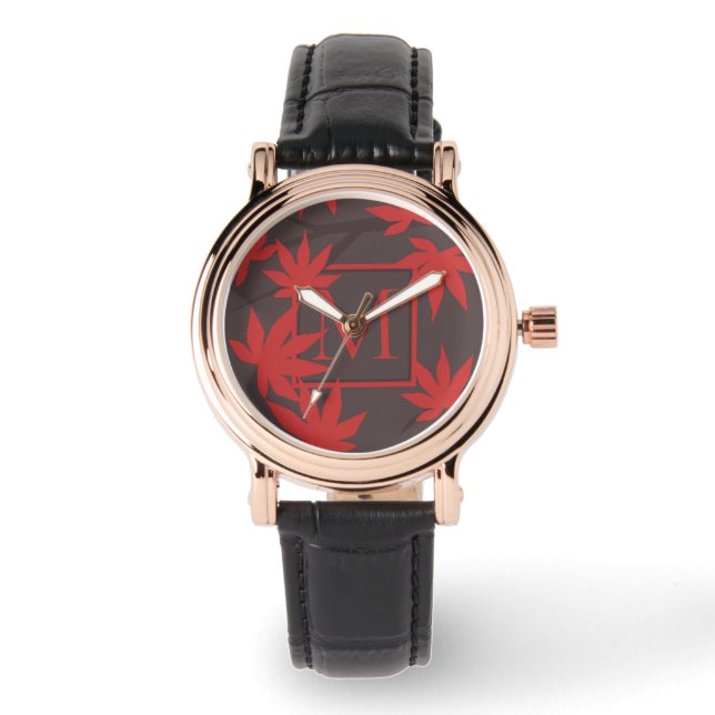 Modern Monogram Red Maple Leaf Grey Watch (Front)
