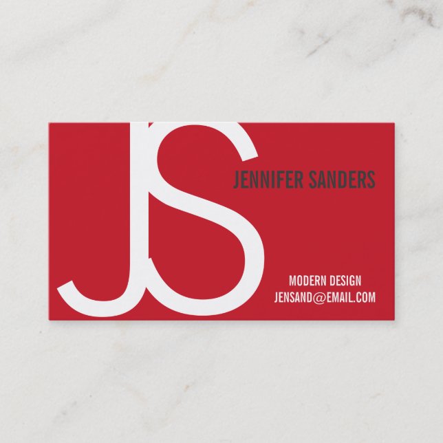 Modern Monogram Red White Business Card (Front)