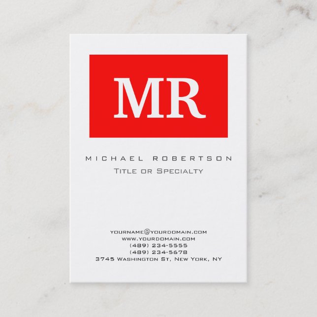 Modern Monogram Red White Clean Business Card (Front)