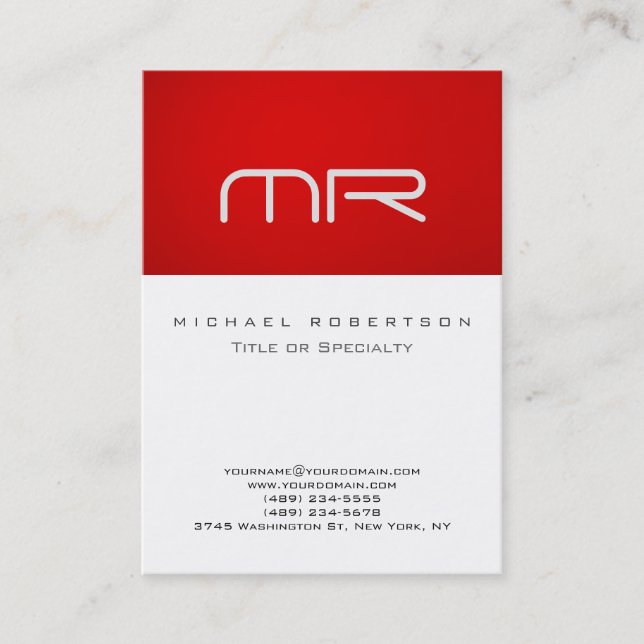 Modern Monogram Red White Clean Business Card (Front)
