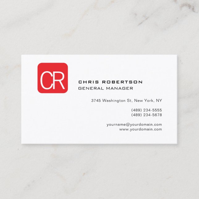 Modern Monogram Red White Professional Plain Business Card (Front)