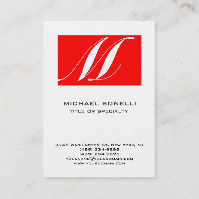 Modern Monogram Red White Simple Business Card (Front)