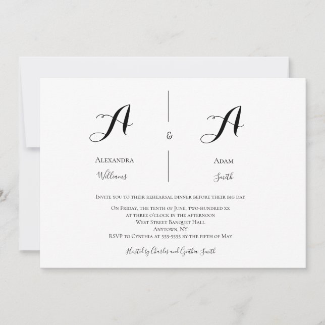 Modern monogram rehearsal dinner invitations (Front)