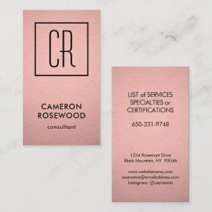Modern Monogram Rose Gold Faux Foil Pink Vertical Business Card