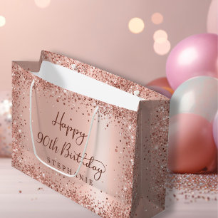 Modern Monogram Rose Gold Glitter 90th Birthday Large Gift Bag