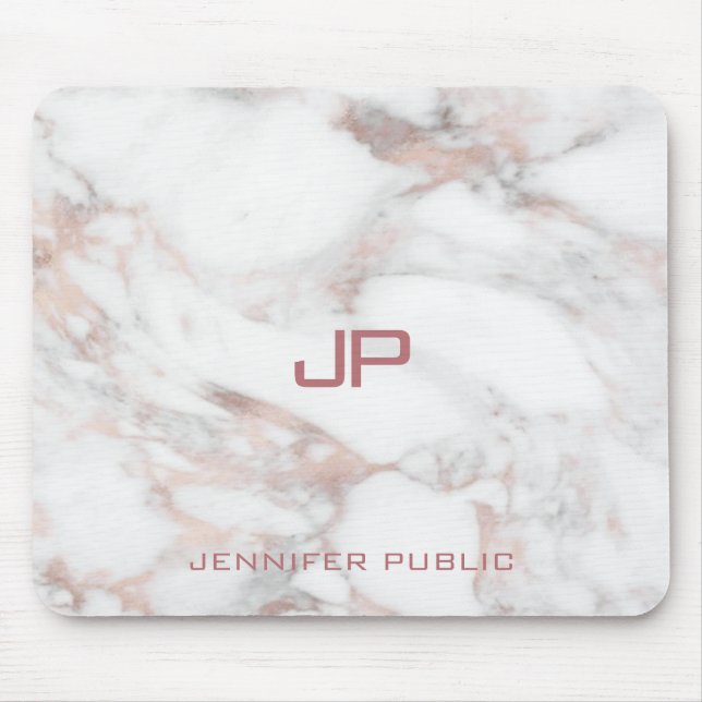 Modern Monogram Rose Gold White Marble Elegant Mouse Pad (Front)