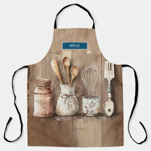 Modern Monogram Rustic Kitchen Utensils Apron