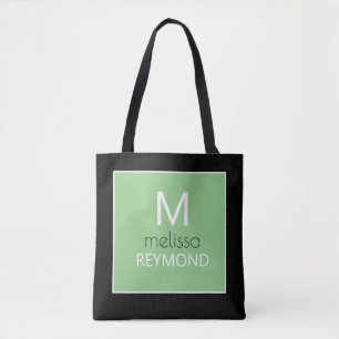 modern monogram sage green black tote bag